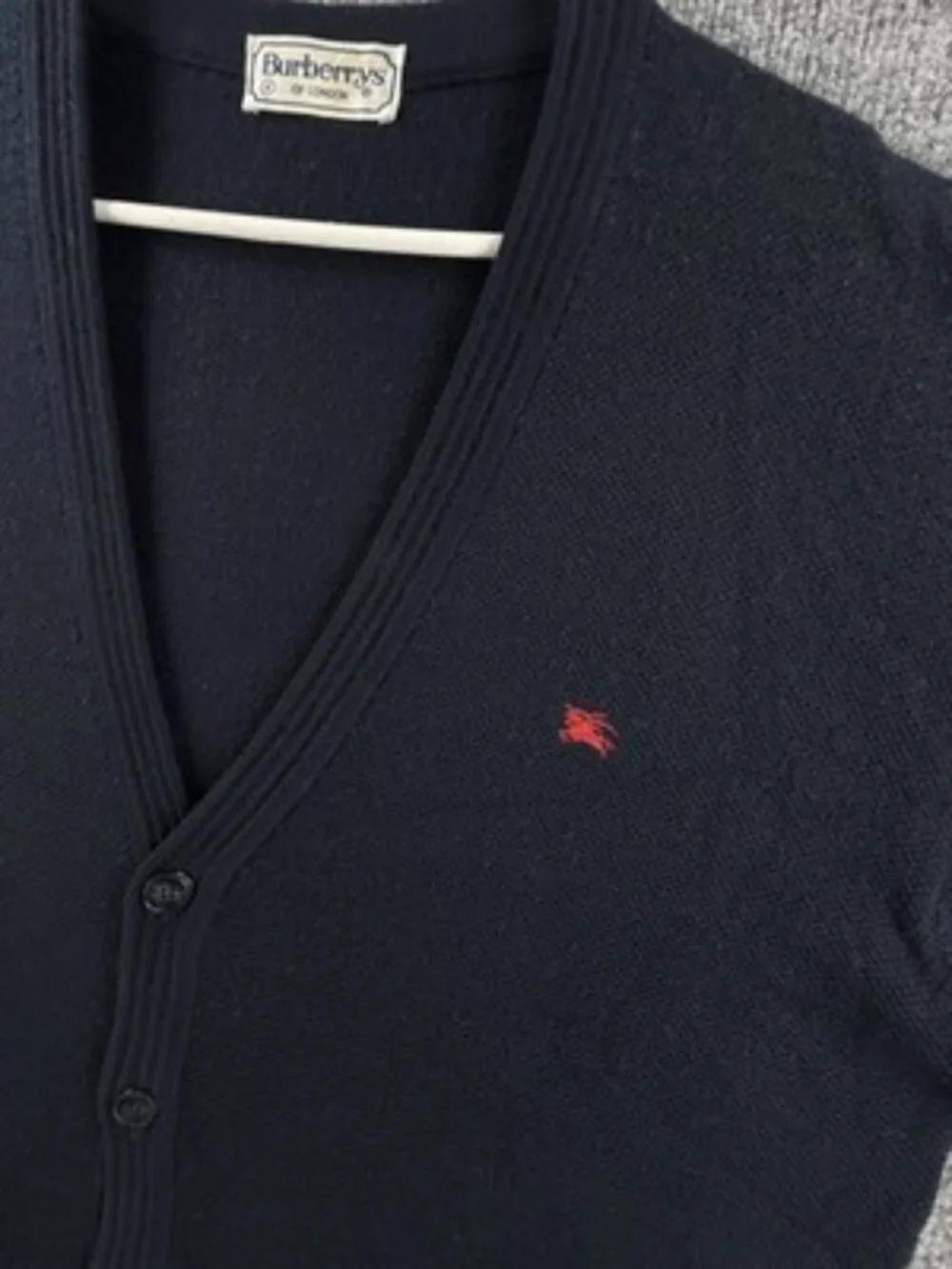 Burberry Navy Blue Cardigan V-Neck Sweater Logo 8 Men Solid Knit Long Sleeve